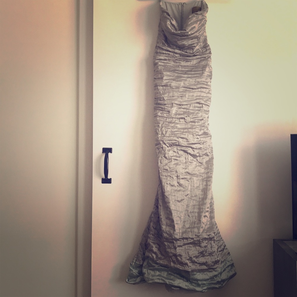 Nicole Miller evening gown, silver & light teal